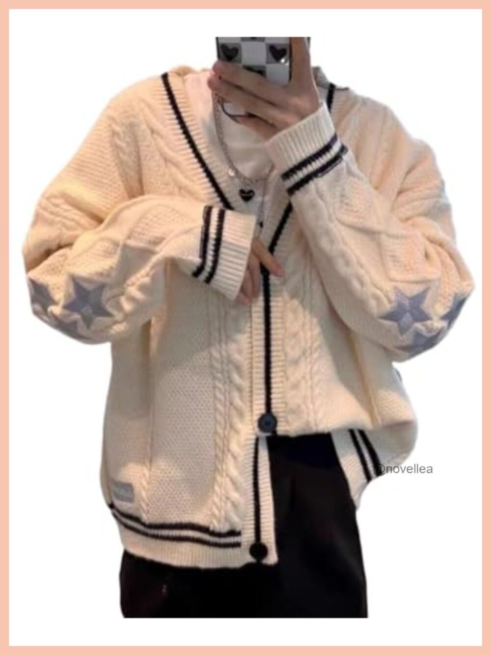 Women's Star Embroidered Open Front Cardigan V Neck Oversized Button Sweater